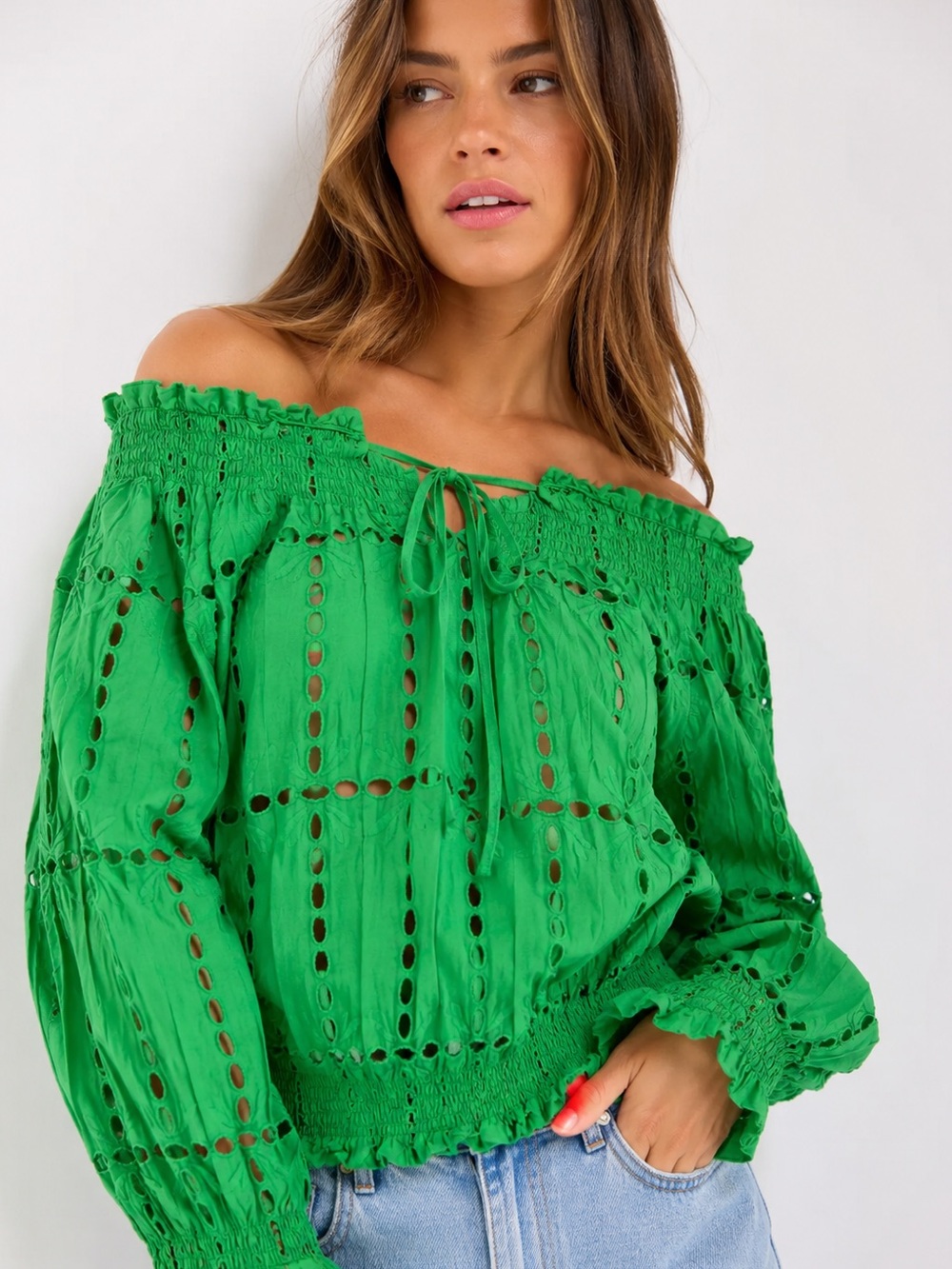 INC International Concepts Emerald Green Off-Shoulder Eyelet Blouse